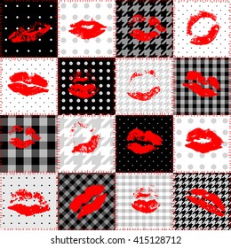 Seamless patchwork pattern in pinup style with a red print kisses