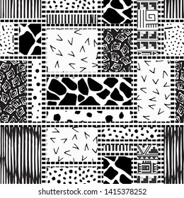 Seamless patchwork pattern rectangles and squares with hand-drawn textures. Animal print stripes Doodle strokes.