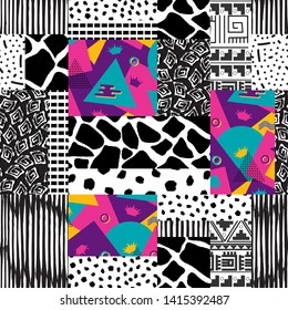 Seamless patchwork pattern rectangles and squares with hand-drawn textures. Animal print stripes Doodle strokes.