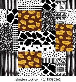 Seamless patchwork pattern rectangles and squares with hand-drawn textures. Animal print stripes Doodle strokes.