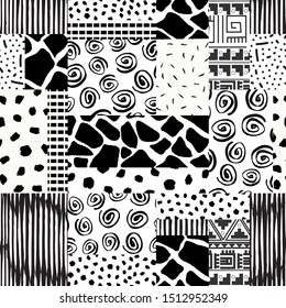 Seamless patchwork pattern rectangles and squares with hand-drawn textures. Animal print stripes Doodle strokes. Curls ornament.