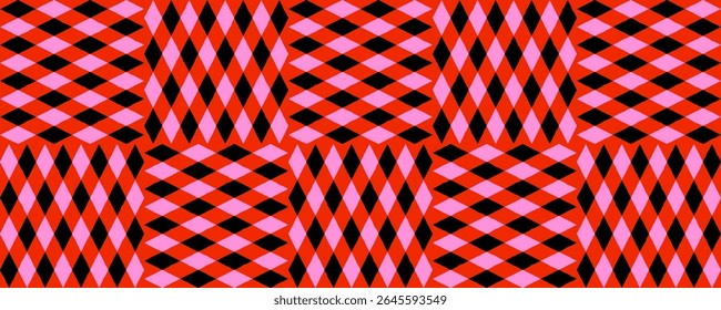 Seamless patchwork pattern with red, pink, black diamond rhombus blocks. Fun vector texture for costumes, parties, bold retro decor. Drag to swatches panel to use.