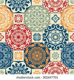 Seamless patchwork pattern from RETRO blue-orange-red style Moroccan tiles, ornaments. Can be used for wallpaper, surface textures, cover etc.