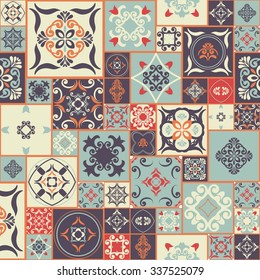 Seamless patchwork PATTERN from RETRO blue-orange-red-violet-beige style Moroccan tiles, ornaments. Can be used for wallpaper, surface textures, cover etc. Vintage