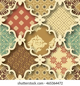 Seamless patchwork pattern from RETRO blue--red-brown-beige style Moroccan tiles, ornaments. Can be used for wallpaper, surface textures, textile, cover etc.