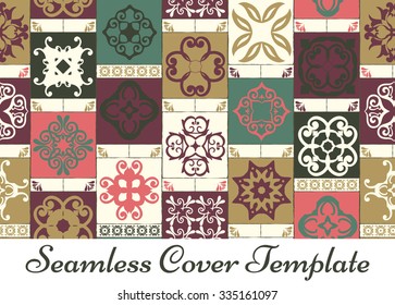 Seamless patchwork pattern from RETRO green-mustard-pink-violet-beige style Moroccan tiles, ornaments. Can be used for wallpaper, surface textures, cover etc.