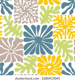 Seamless patchwork pattern with retro groovy flowers and leaves. Summer simple abstract design in naive art style. 60s vintage style plants. Colorful psychedelic background. Vector illustration