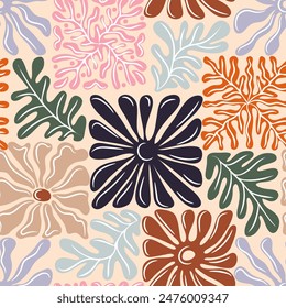 Seamless patchwork pattern with retro groovy flowers and leaves. Summer simple abstract design in naive art style. 60s vintage style plants. Colorful psychedelic background. Vector illustration