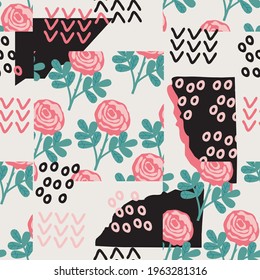 seamless patchwork pattern with rose and geometric shape, vector design for paper, fabric and other surface