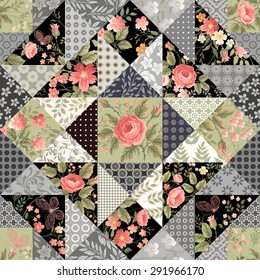 seamless patchwork pattern with roses and butterflies