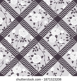 
Seamless Patchwork Pattern with Roses and geometric ornaments. Decorative rhombus ornamental background.