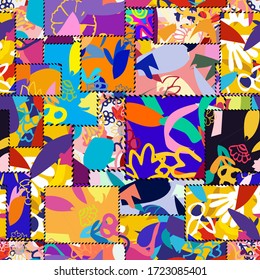 seamless patchwork pattern with roses.Abstract collage asymmetric pattern. Digital freehand art, grunge texture. Vector patchwork quilt background. Decorative elements, brush strokes ornament for flye