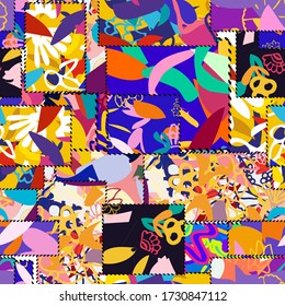 seamless patchwork pattern with roses.Abstract collage asymmetric pattern. Digital freehand art, grunge texture. Vector patchwork quilt background. Decorative elements, brush strokes ornament for flye