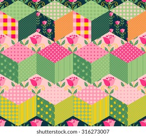 Seamless patchwork pattern with series of different colorful patches.