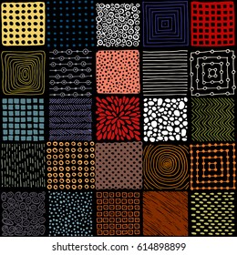 Seamless patchwork pattern. Simple square patches. Doodle, hand drawn. Vector illustration.