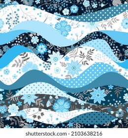 Seamless patchwork pattern with small flowers in blue colors. Vector illustration. Beautiful print for fabric