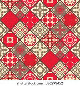 Seamless patchwork pattern from square patches. Ornamental ceramic tile.  