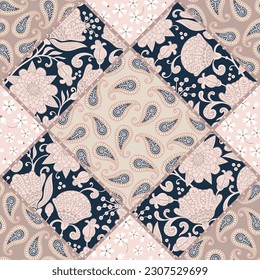 
Seamless Patchwork Pattern with stylized flowers and paisley. Ornamental floral geometric background.