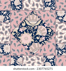 
Seamless Patchwork Pattern with stylized flowers and paisley. Decorative ornamental floral background.