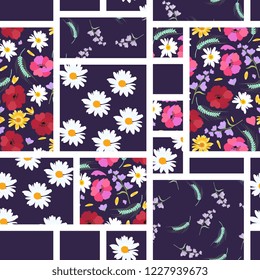 Seamless patchwork pattern with summer flowers - daisies, poppies, bellflowers. Vector illustration.