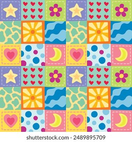 Seamless patchwork pattern with sun, hearts, star, moon, flower. Trendy abstract background in flat style	