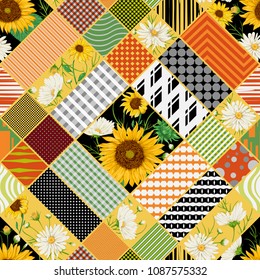 Seamless patchwork pattern with sunflowers, white chamomile flowers and geometric ornament. Vintage vector illustration in watercolor style. 