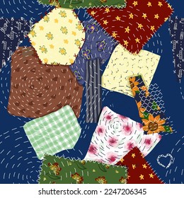 Seamless patchwork patchwork pattern. Textile pattern from pieces of fabric. Mending and sewing theme