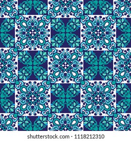 Seamless patchwork pattern tiles from Morocco, Portugal in blue colors. Decorative ornament can be used for wallpaper, backdrop, fabric, textile, wrapping paper.