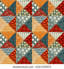 Seamless patchwork pattern from triangle ornamental patches. Vector illustration. Quilt design.