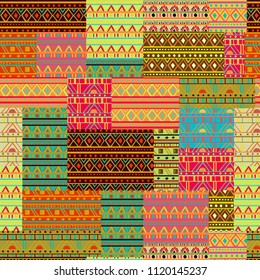 Seamless patchwork pattern with tribal geometric ornament. Ethnic design for fabric, print, wrapping paper, card, invitation, wallpaper. Vector illustration 