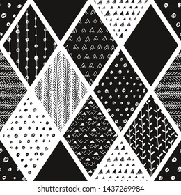 Seamless patchwork pattern, vector geometrical background with floral elements, doodles, simple ornaments, strokes, harlequin wallpaper
