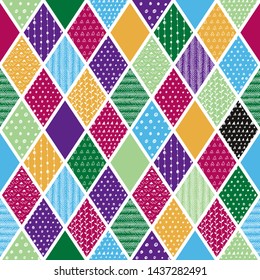 Seamless patchwork pattern, vector geometrical background with floral elements, doodles, simple ornaments, strokes, harlequin wallpaper