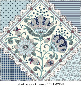 Seamless patchwork pattern. Vintage background with flowers, laces, hearts. Vector rhombus ornament.