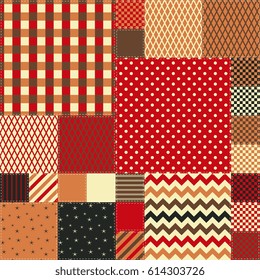 Seamless patchwork pattern in warm colors. Quilt design from colorful square patches.