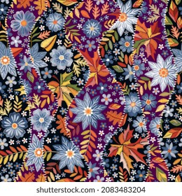 Seamless patchwork pattern of wavy patches sewn with white stitches, decorated with embroidery. Embroidered flowers and maple leaves are densely set against a dark purple and black background. Vector.