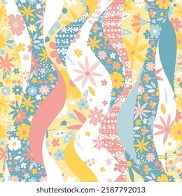 Seamless patchwork pattern of wavy patches with a delicate floral ornament. Vector illustration, print for fabric.