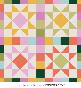Seamless patchwork quilt pattern with geometric star blocks and squares inspired by traditional quilting.