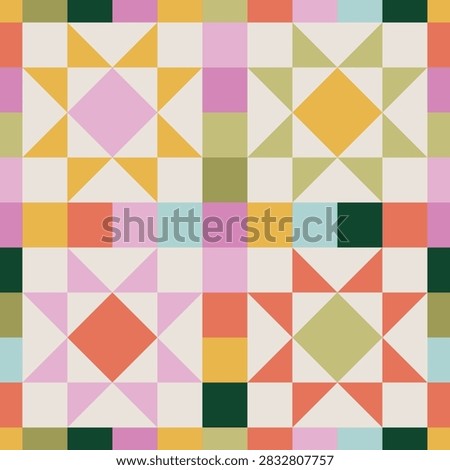 Seamless patchwork quilt pattern with geometric star blocks and squares inspired by traditional quilting.