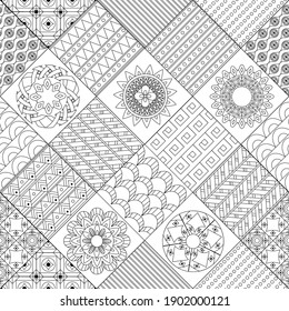 seamless patchwork with rhombus of geometric patterns and arabesque for your coloring book