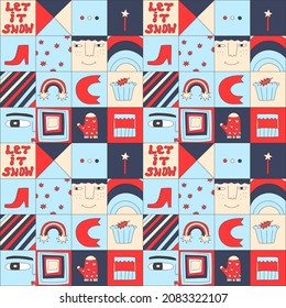 seamless patchwork square patterns for christmas.Vintage winter collage.Faded lo fi palette.Psychedelic style 70s and 80s.Wallpaper for social media stories.Vibrant shape wrapping