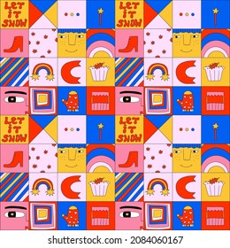 seamless patchwork square patterns for christmas.Vintage winter collage.Faded lo fi palette.Psychedelic style 70s and 80s.Wallpaper for social media stories.Vibrant shape wrapping