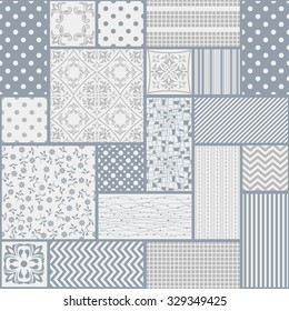 seamless patchwork tile with abstract  patterns in blue and grey