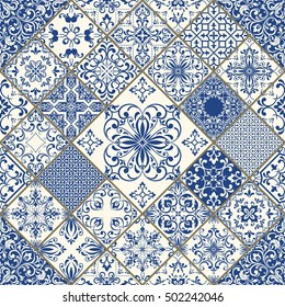 Seamless patchwork tile in blue and white colors. Vintage multicolor pattern in Spanish style. Endless pattern can be used for ceramic tile, wallpaper, linoleum, textile, web page background