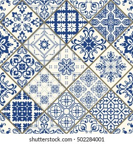 Seamless patchwork tile in blue and white colors. Vintage multicolor pattern in Spanish style. Endless pattern can be used for ceramic tile, wallpaper, linoleum, textile, web page background