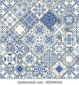 Seamless patchwork tile in blue and white colors. Vintage multicolor pattern in Spanish style. Endless pattern can be used for ceramic tile, wallpaper, linoleum, textile, web page background