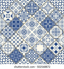Seamless patchwork tile in blue and white colors. Vintage multicolor pattern in Spanish style. Endless pattern can be used for ceramic tile, wallpaper, linoleum, textile, web page background