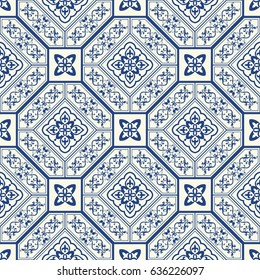 Seamless patchwork tile in blue and white colors. Vintage multicolor pattern in Portugal style. Azulejo. Endless pattern can be used for ceramic tile, wallpaper, linoleum, textile, web page background