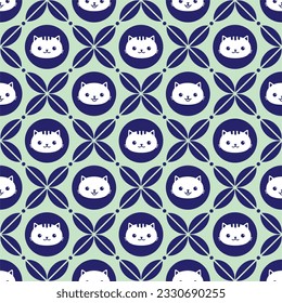 Seamless patchwork tile with cat background Majolica pottery tile, blue and white traditional Portuguese Spain decor vector