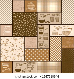 Seamless patchwork tile with hand drawn design elements: coffee beans, tea and coffee cups, dishes in brown and beige colors. Vector Illustration of a kitchen pattern