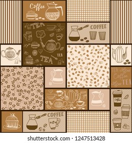 Seamless patchwork tile with hand drawn design elements: coffee beans, tea and coffee cups, dishes in brown and beige colors. Vector Illustration of a kitchen pattern.